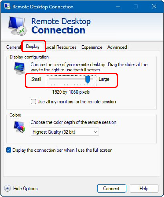 Remote Desktop Option Screen